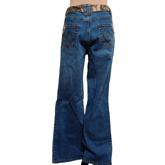 Vintage Faded Glory Girls Plus Jeans Flare Leg Camo Patch y2K Denim Blue Sz 16.5 - Picture 2 of 11